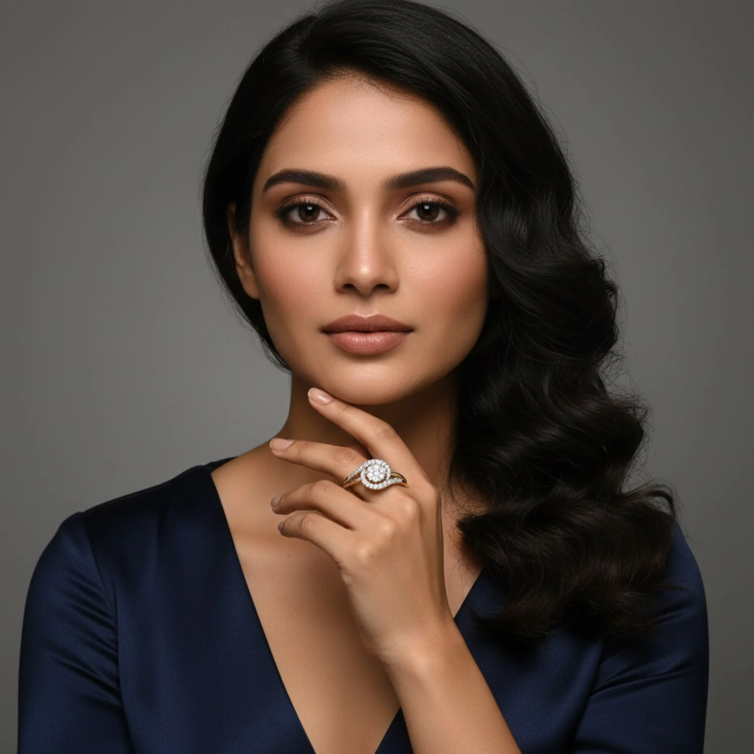 Model portrait highlighting a halo engagement ring