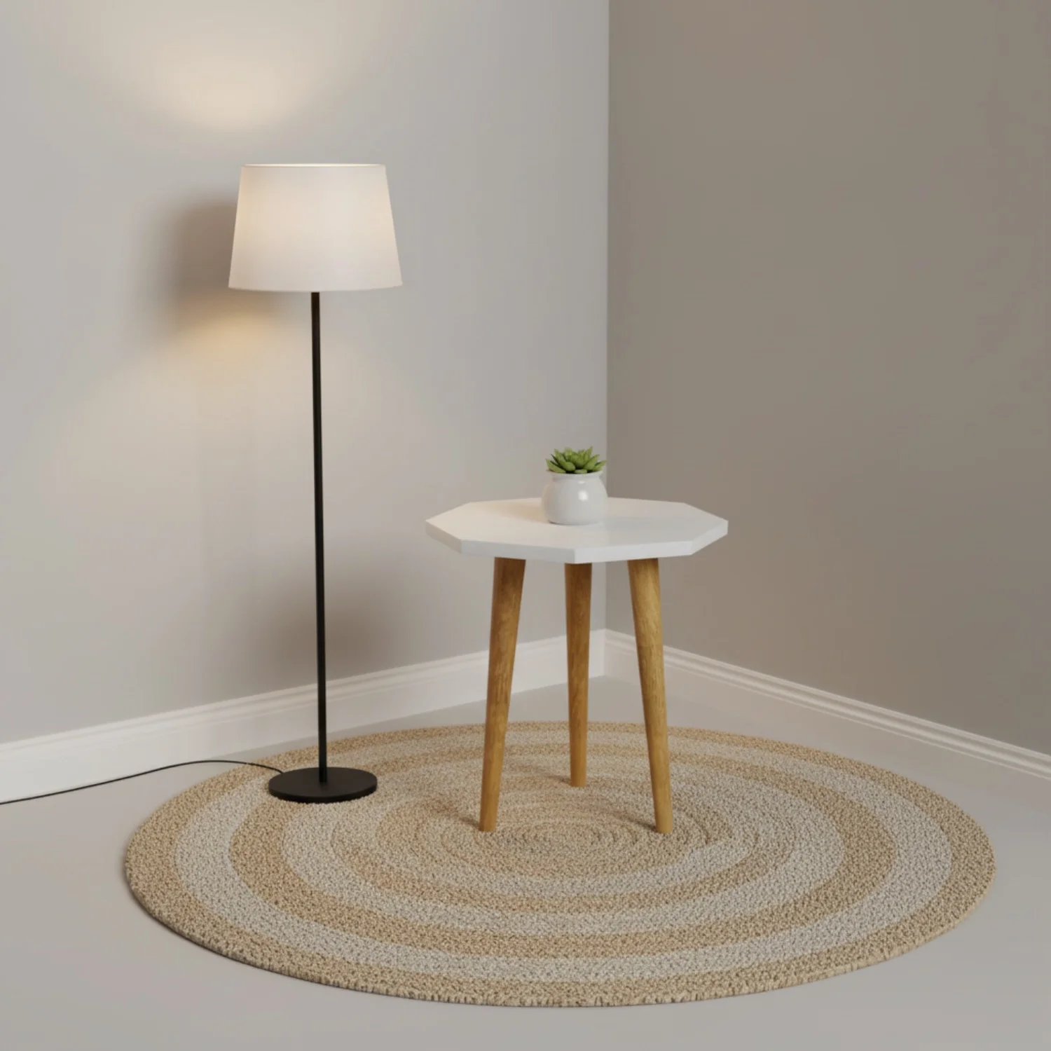 Minimalist living room corner with lamp, table and rug