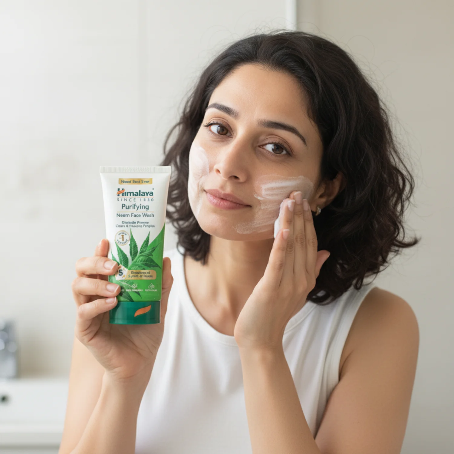 Woman applying herbal face wash and holding the product